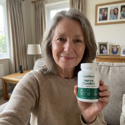 Customer holding a bottle of AgeMend Nerve Comfort