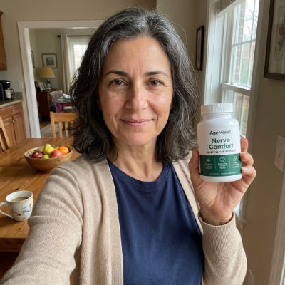 Customer holding a bottle of AgeMend Nerve Comfort