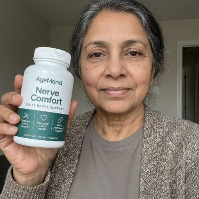 Customer holding a bottle of AgeMend Nerve Comfort