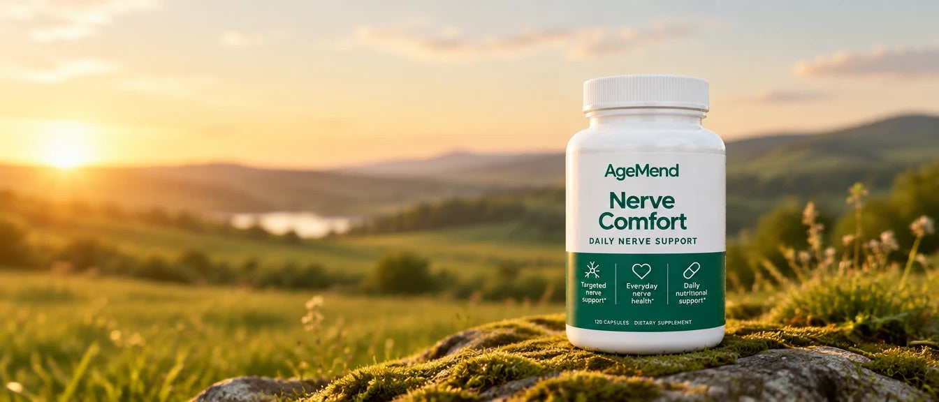 AgeMend Nerve Comfort bottle on a mossy rock at sunset